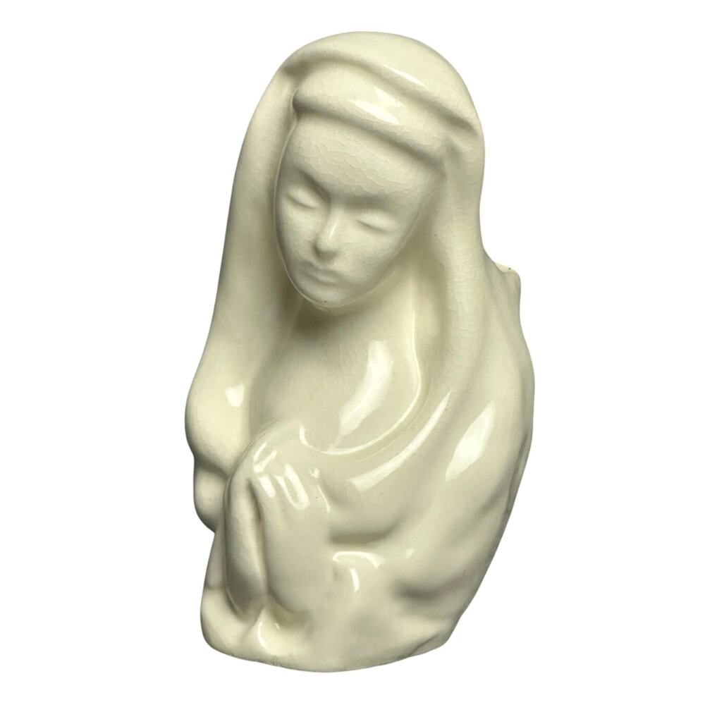Vintage Mid Century Madonna Virgin Mary pocket planter vase 6” cream crazing